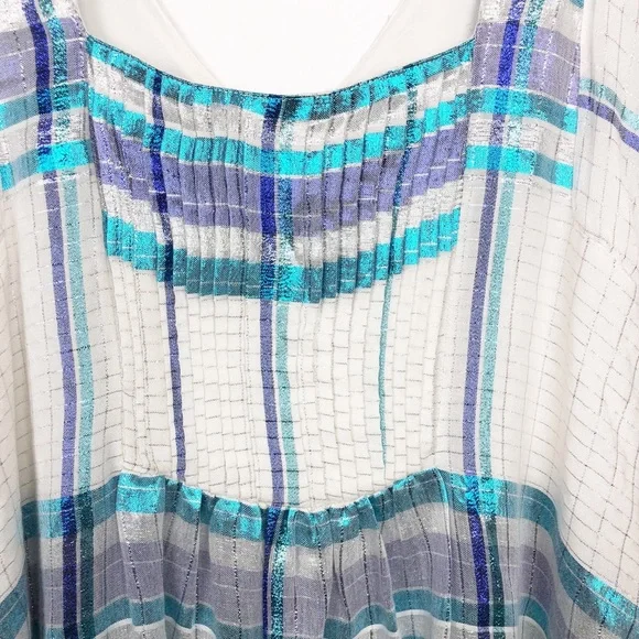 Free People Mini Dress White Blue Metallic Plaid S - Picture 11 of 13